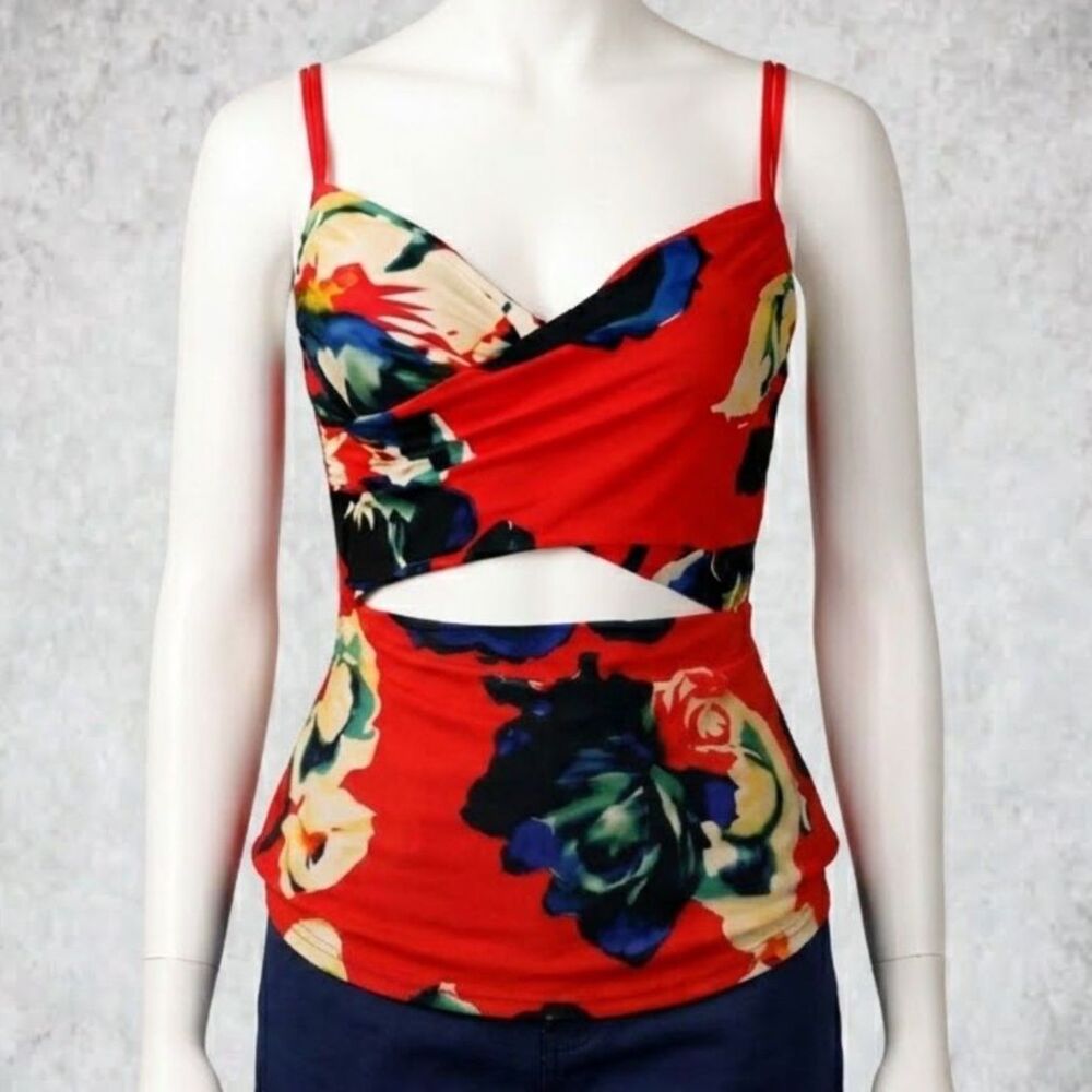 Lane Bryant Lela Rose Cacique Tankini Womens 40 D Red Floral Cutout Swim Bra NEW